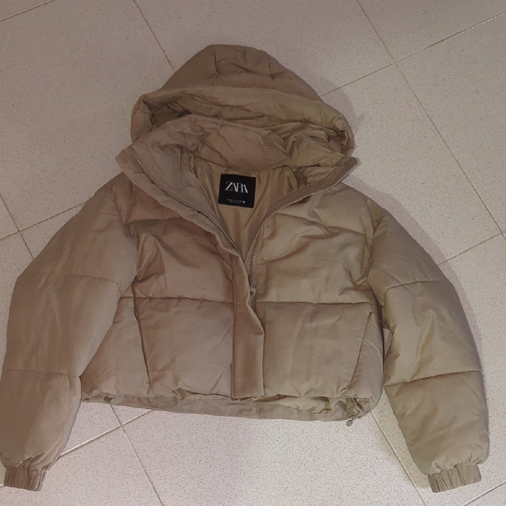 Zara Beige Quilted Hooded Jacket
